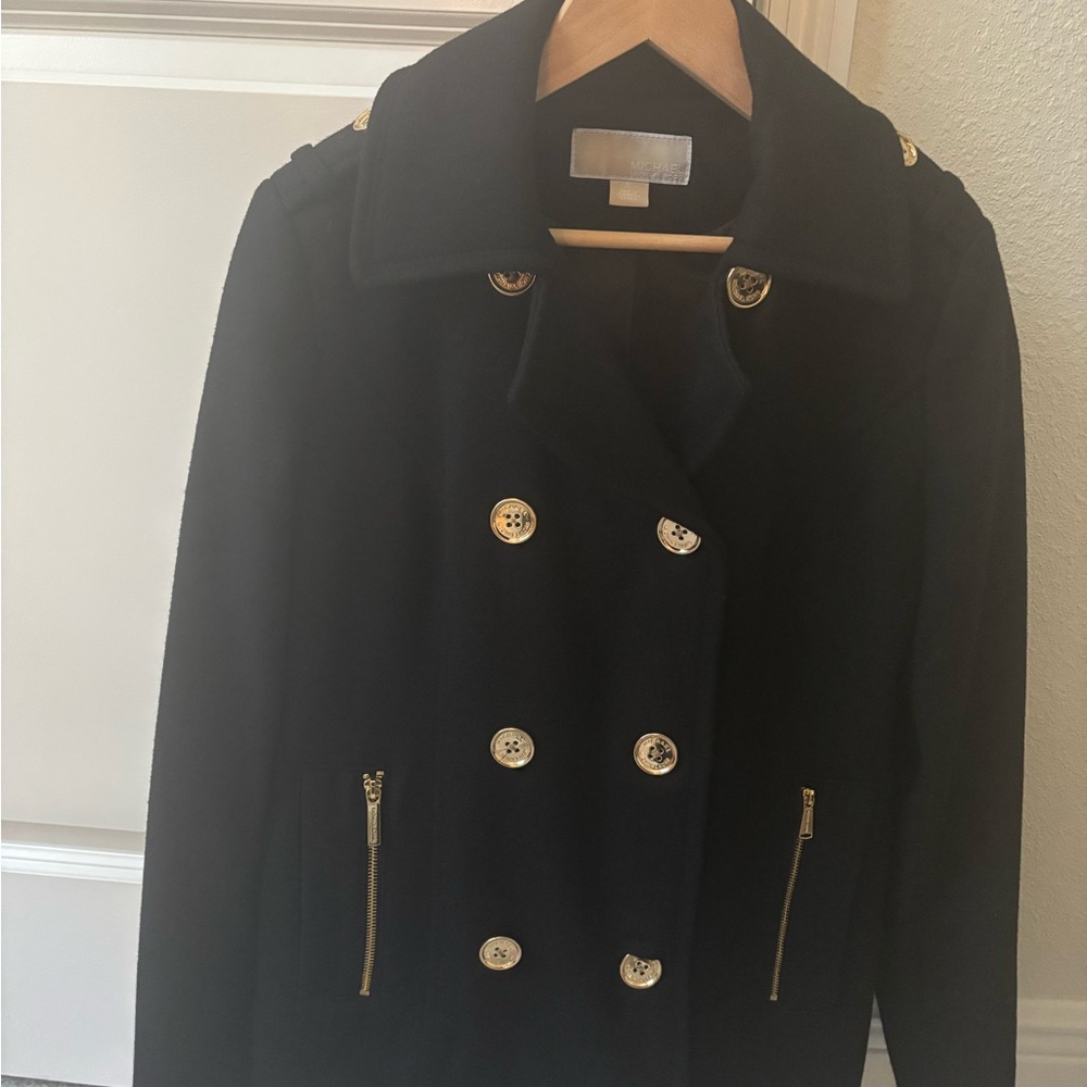 MICHAEL Kors BlackPeacoat. Wool Blend Logo Button Double Breasted Coat